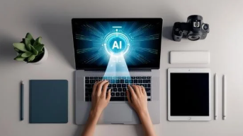 A professional workspace showing a laptop with AI data and a physical notebook, representing human-led corporate training solutions.