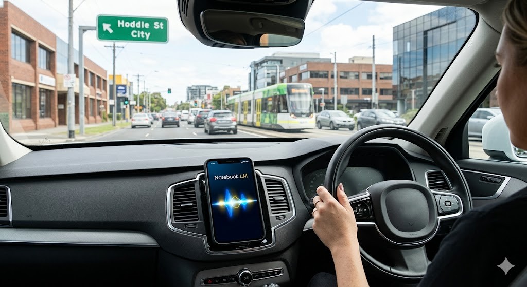 image of driving down hoddle st view out of car window with hand on steering wheel