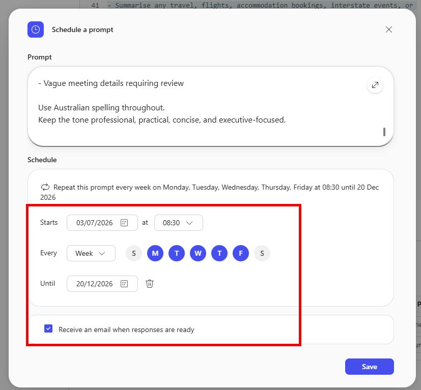 Set the schedule for the copilot prompt