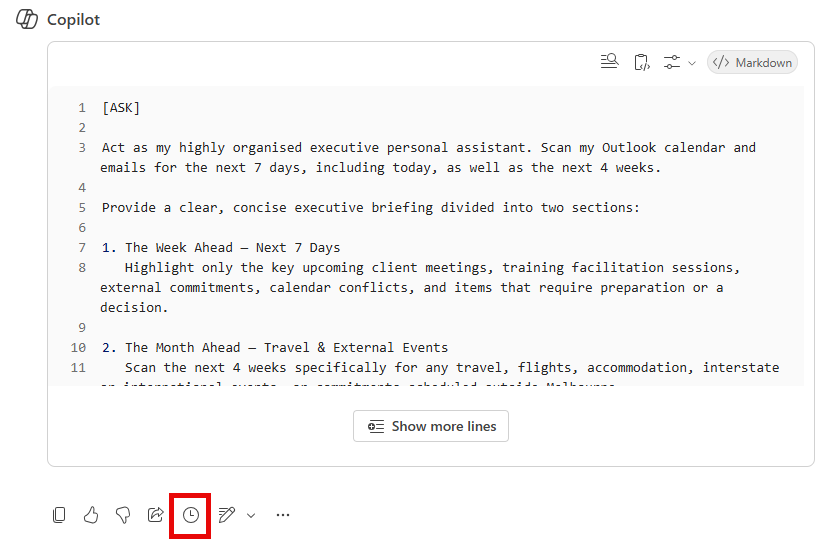 Copilot Prompt with clock icon highlighted