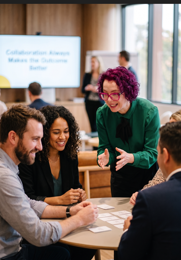A facilitator with vibrant magenta hair, red cat-eye glasses, and a green patterned blouse leans over a table to actively guide an engaged, smiling group of professionals during a workshop activity.